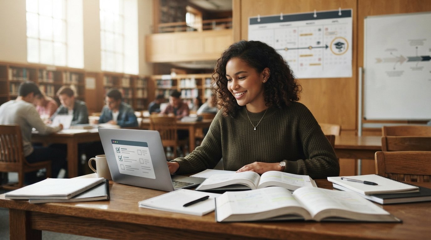 College student at a library desk with textbooks, a laptop, and a wall calendar marking four years to graduation