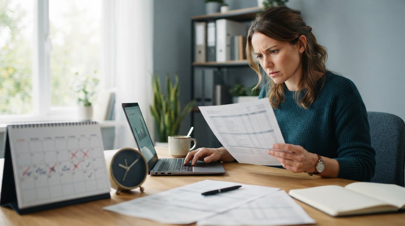 Woman at a home office desk reading a printed credit report, with a laptop, coffee mug, calendar, and clock nearby