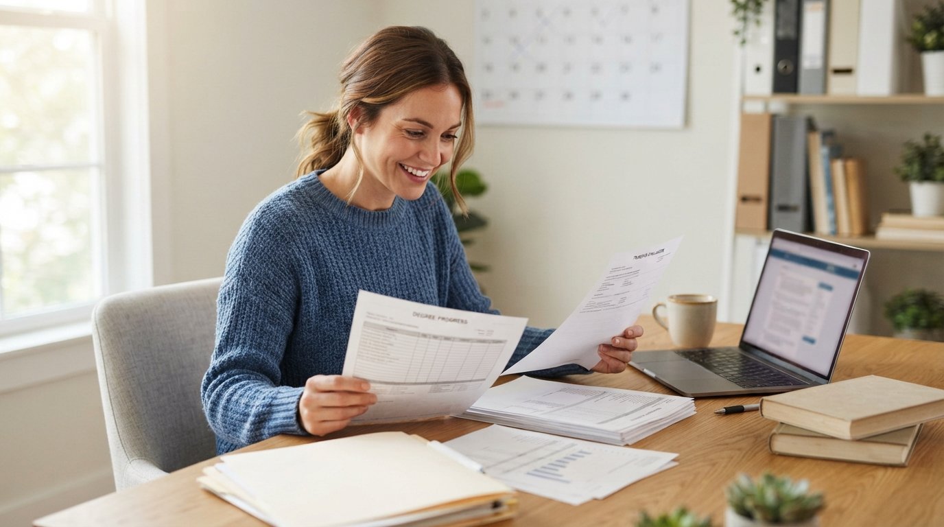 Young woman in a blue sweater sorts two stacks of printed transcripts beside an open laptop, coffee mug, and textbooks at a…