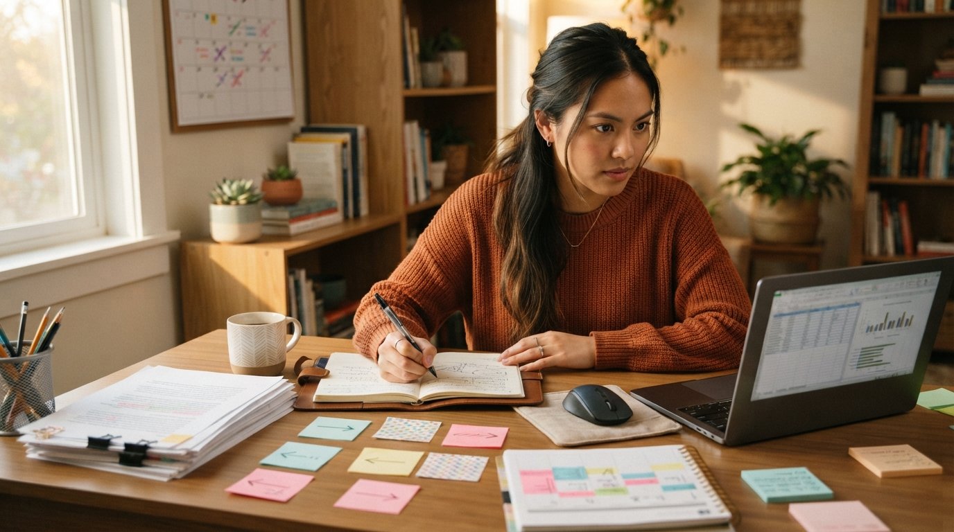 Focused student at a wooden desk with a laptop, color-coded deadline spreadsheet, printed essays, coffee mug, and sticky…