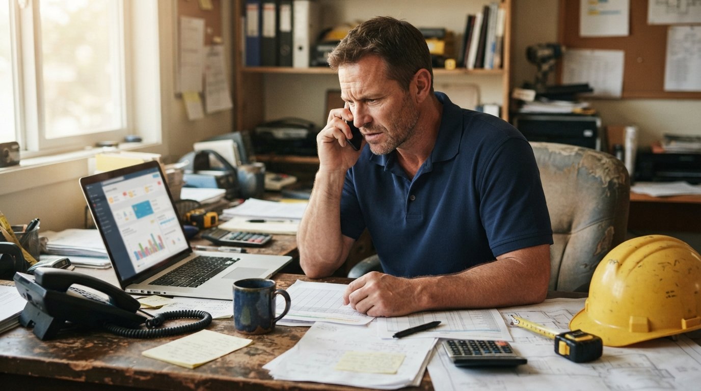 Contractor in navy polo holding a smartphone to his ear at a desk with a laptop showing lead notifications, spreadsheets,…