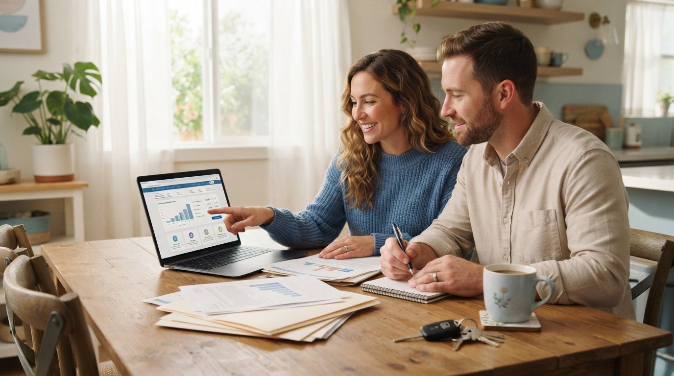 Smiling couple at a kitchen table reviewing car insurance quotes on a laptop, with keys and a notepad nearby