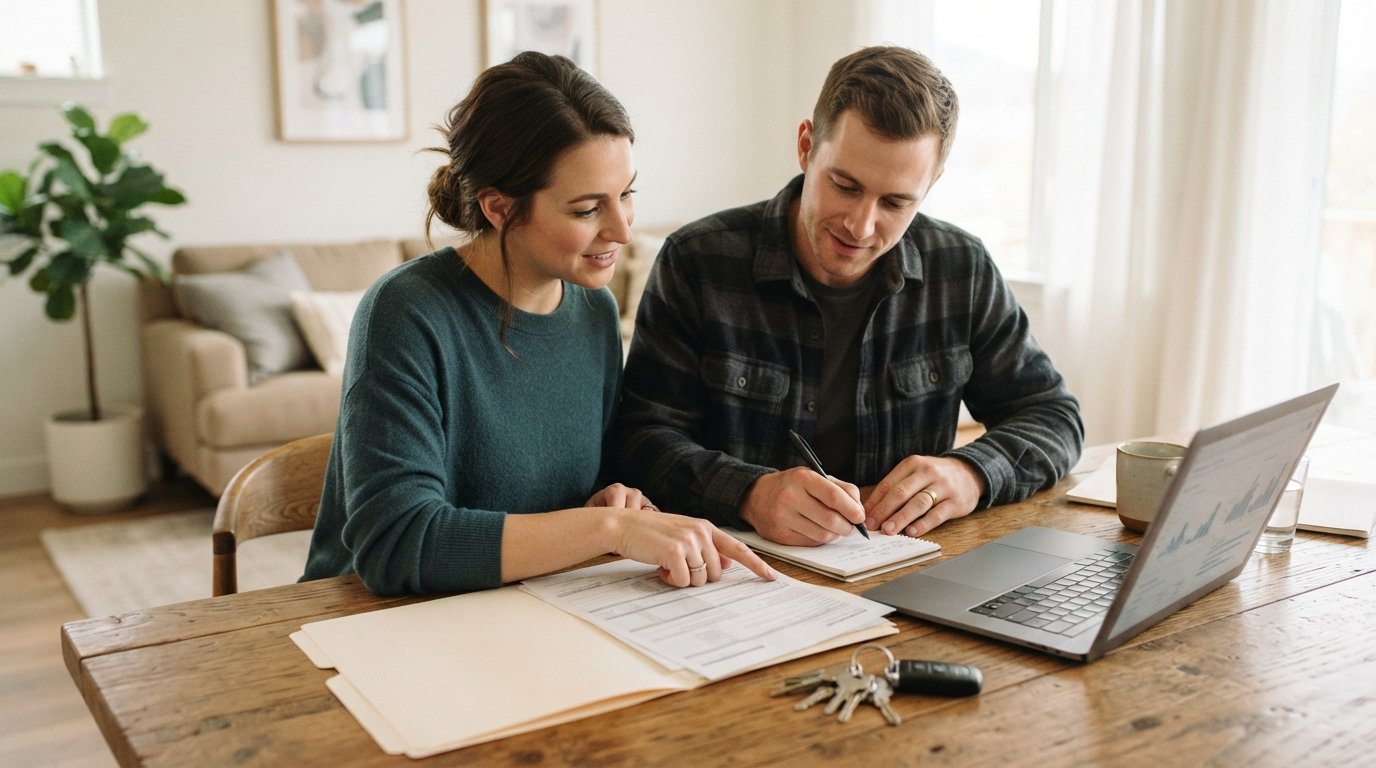 Newlywed couple at a sunlit kitchen table reviewing insurance paperwork with a laptop, house keys, and car keys nearby
