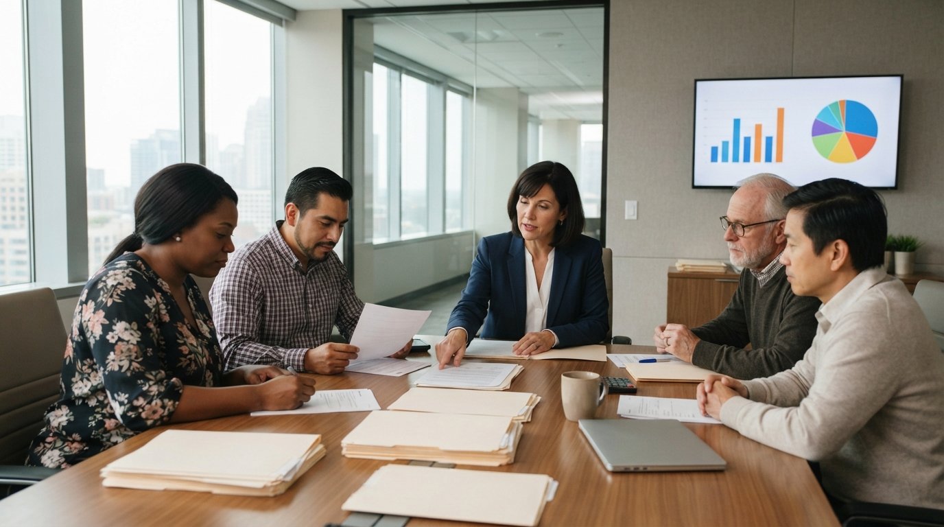 Diverse claimants seated at a conference table in a law office with a legal administrator, reviewing settlement documents…