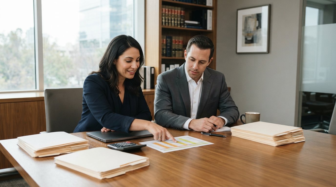 Two professionals in business attire review claim folders and a highlighted spreadsheet at a conference table in a sunlit…