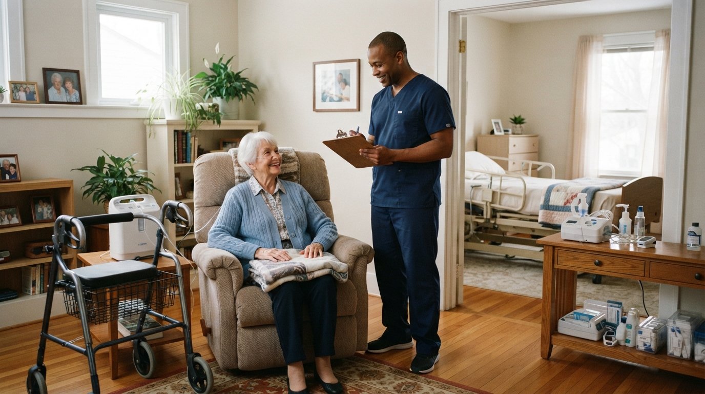 Smiling senior woman in a blue cardigan sits in a recliner beside a walker and portable oxygen concentrator while a home…