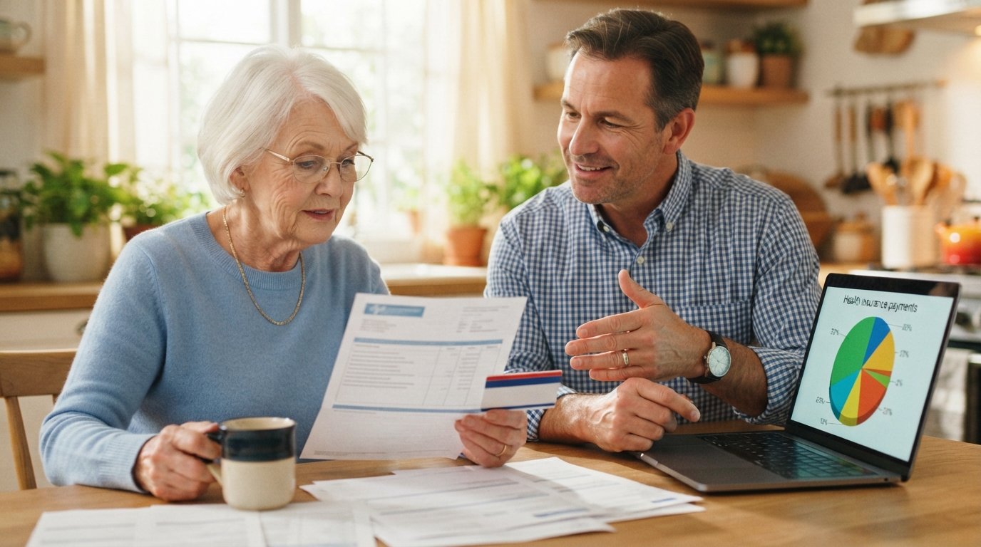 Senior woman at a kitchen table reviewing a medical bill next to a red, white, and blue Medicare card while a man gestures…