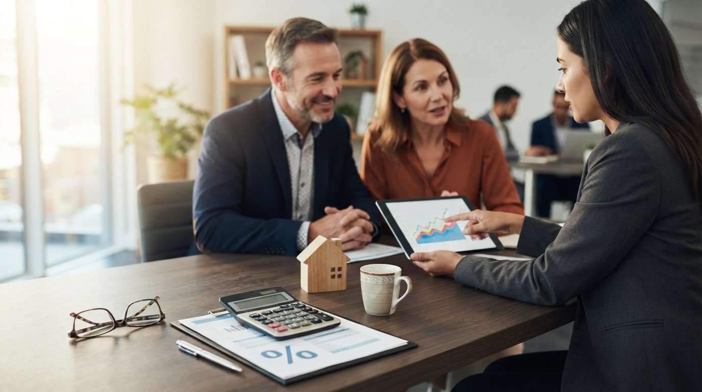 Couple reviewing a loan estimate and rate chart on a tablet with a mortgage advisor at a desk