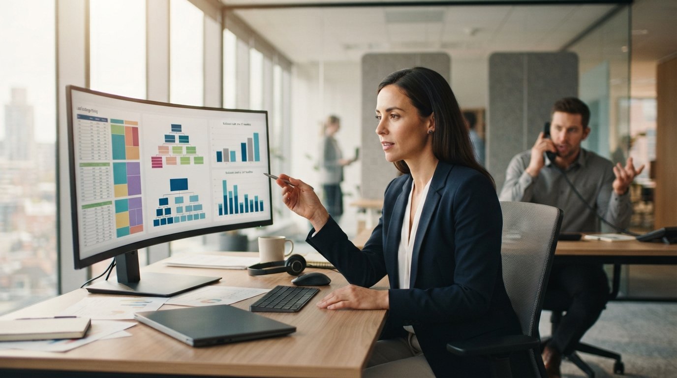 Mortgage broker at a desk comparing tiered lead pricing tables and lead cards on a large monitor, colleague on a call in…