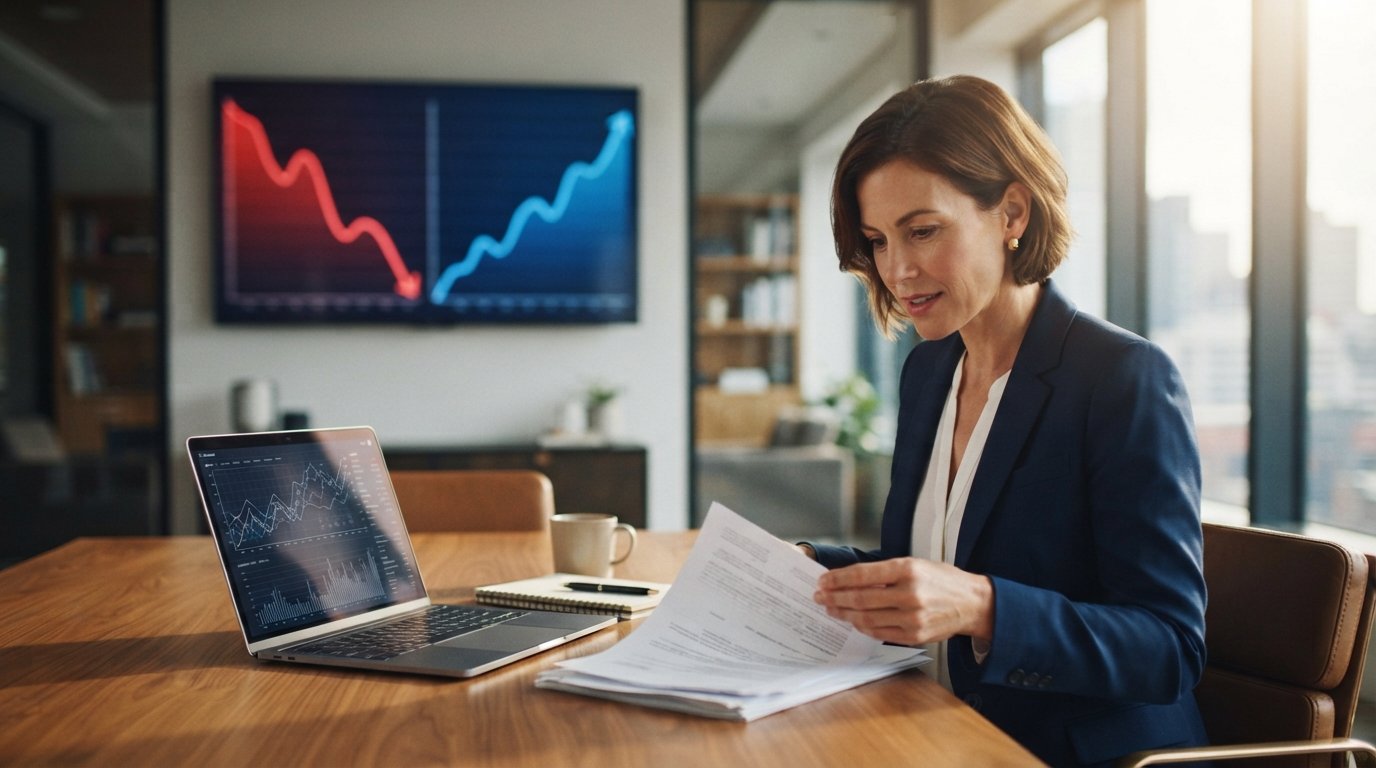 Woman in navy blazer reviews mortgage documents at a desk with a laptop, as a wall screen shows a falling red line and a…