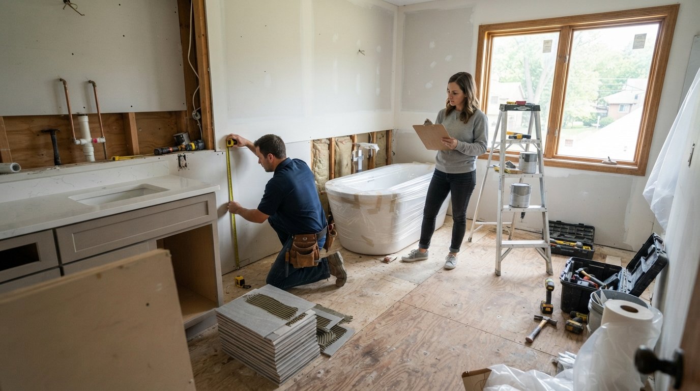 Contractor measuring a bathroom subfloor with a tape measure beside a half-installed vanity, exposed plumbing, tile stack,…