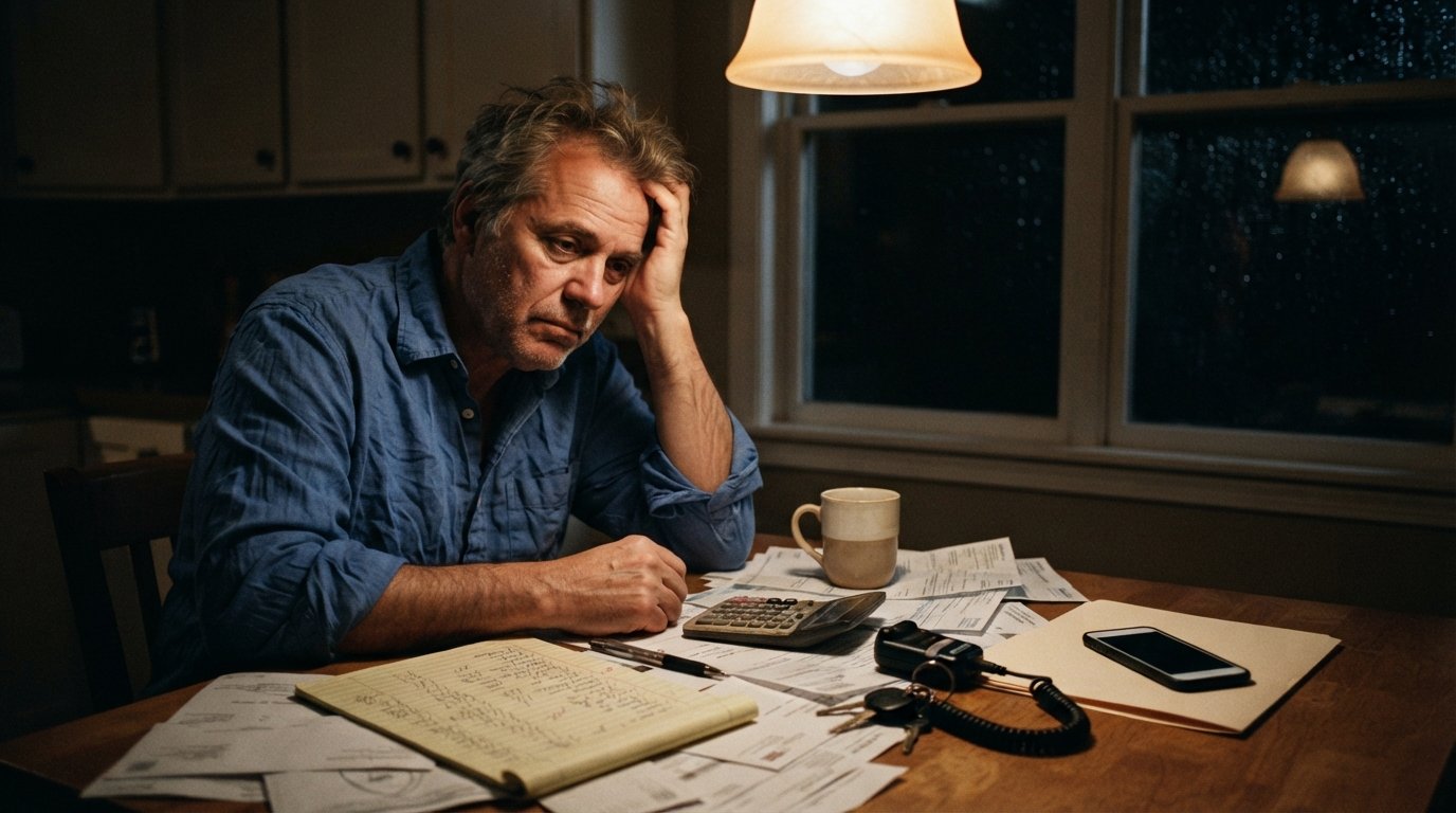Stressed man at a kitchen table covered with bills, a calculator, a legal pad of expenses, car keys, and an ignition…