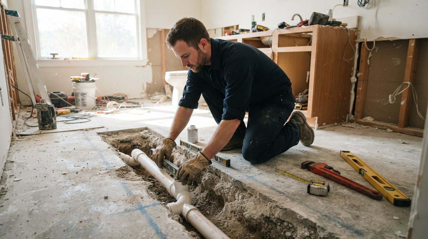Plumber in navy uniform kneeling by a cut trench in a concrete bathroom floor, fitting a PVC drain pipe beside a pipe…