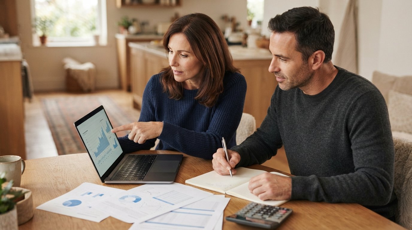 Couple in their 40s at a kitchen table comparing life insurance documents on a laptop with a calculator and notepad