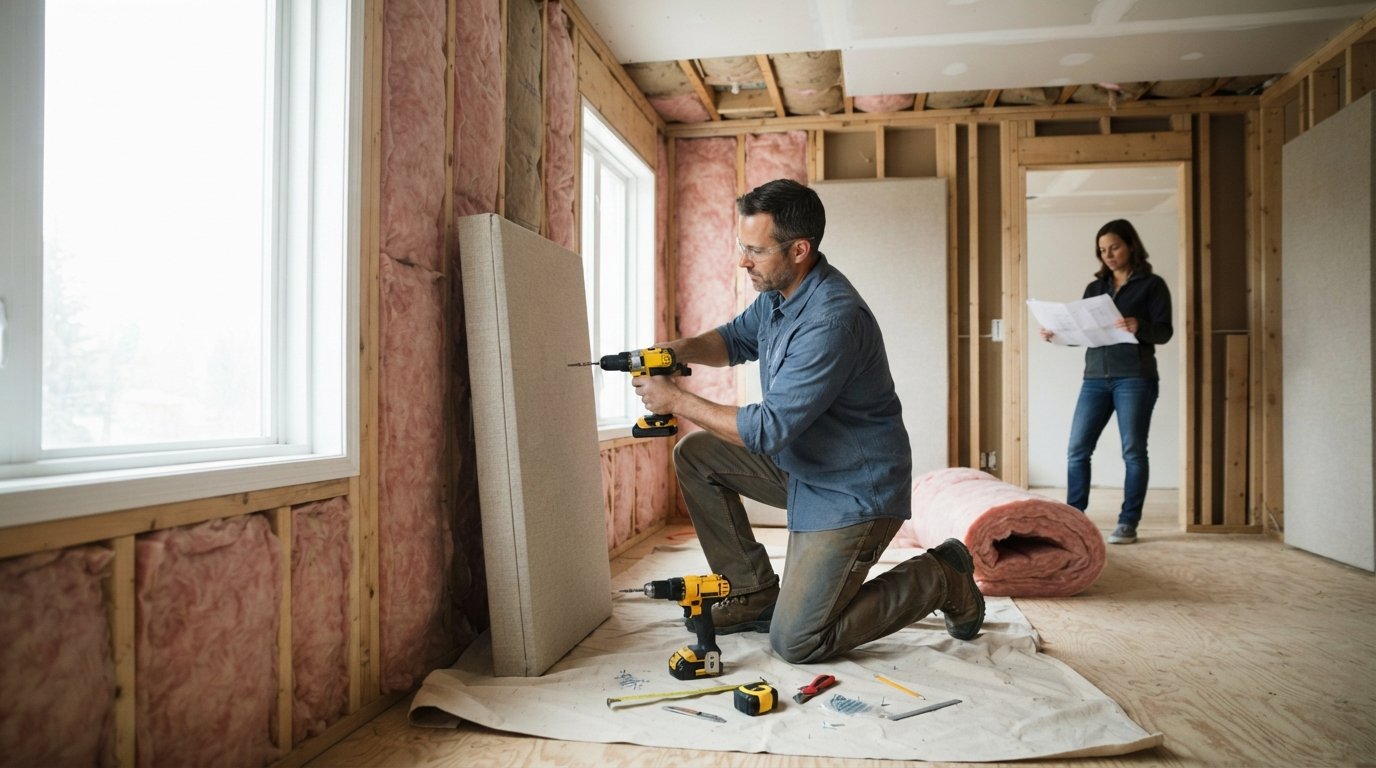 Contractor in blue shirt and safety glasses installing acoustic panels and insulation in a room with exposed wall framing…