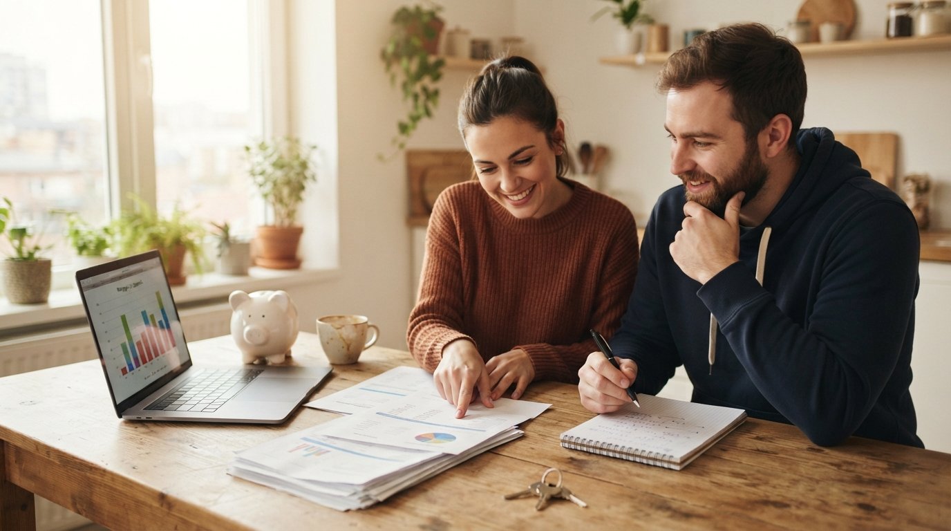 Couple at a kitchen table reviewing mortgage paperwork and a laptop showing a down payment savings chart, with a piggy…