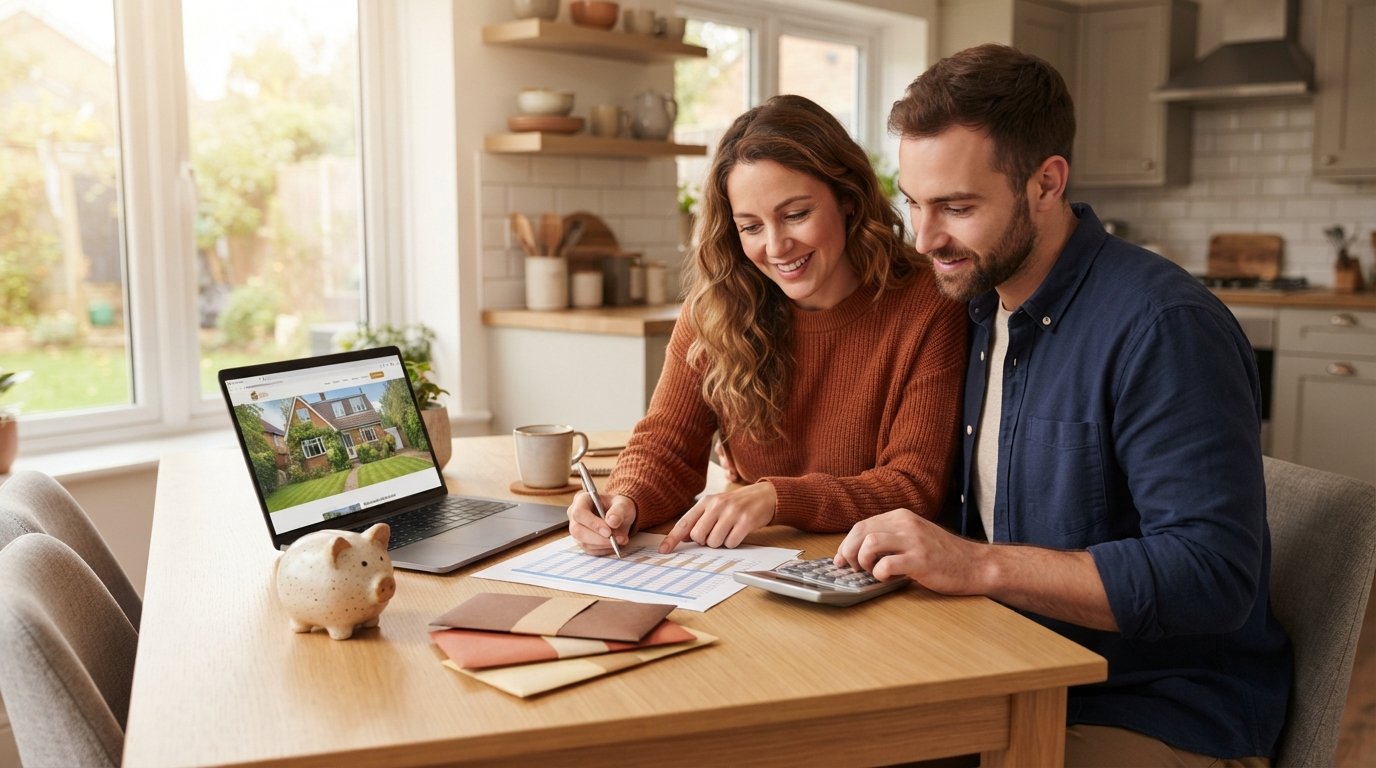 Couple at a kitchen table reviewing a mortgage chart and calculator beside a laptop, piggy bank, and savings envelopes