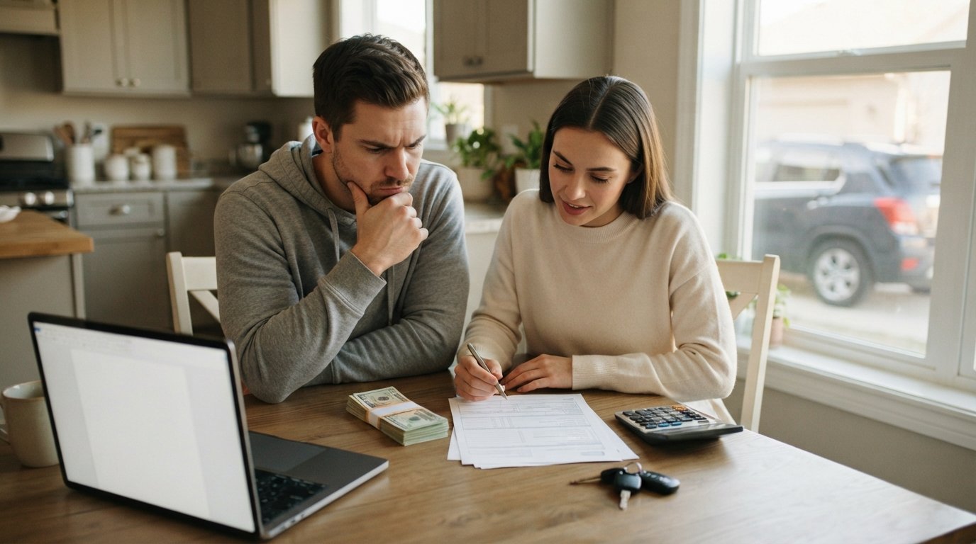 Couple at a kitchen table with cash, a loan form, calculator, car keys, and a small SUV visible through the window