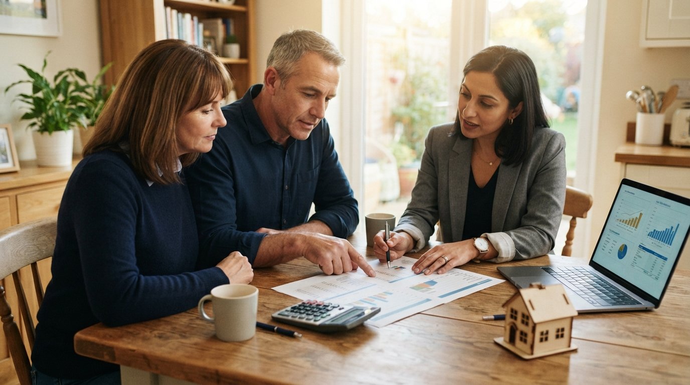 Couple at a kitchen table with a lender reviewing an appraisal document and calculator beside a small house model and laptop