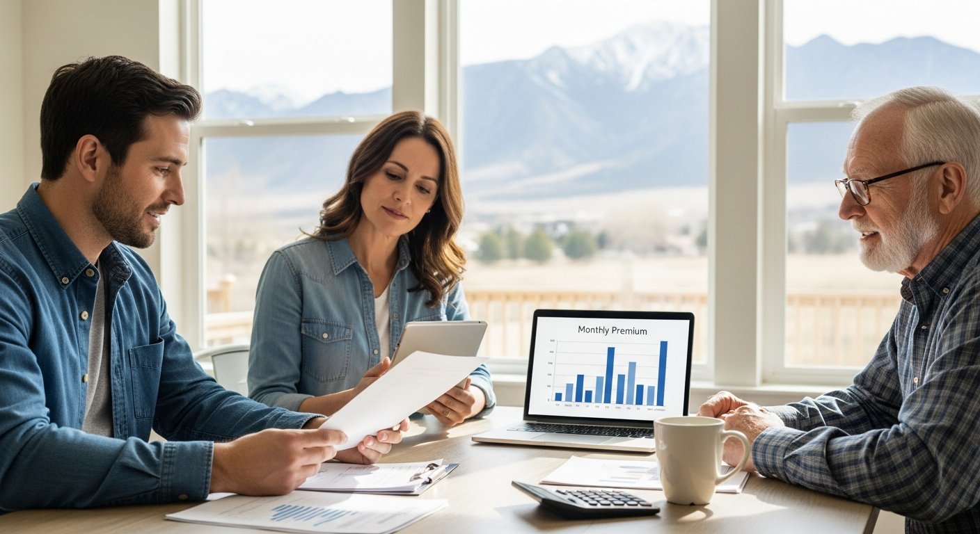Three adults review health insurance comparison documents and a laptop at a sunlit kitchen table, with the Rocky Mountains…