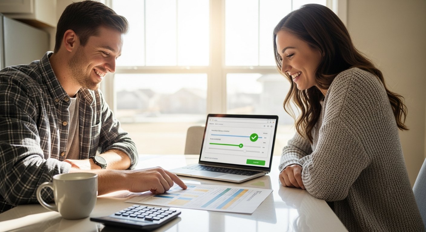 Smiling couple in their 30s reviewing a printed health insurance comparison chart at a bright kitchen table with a laptop…