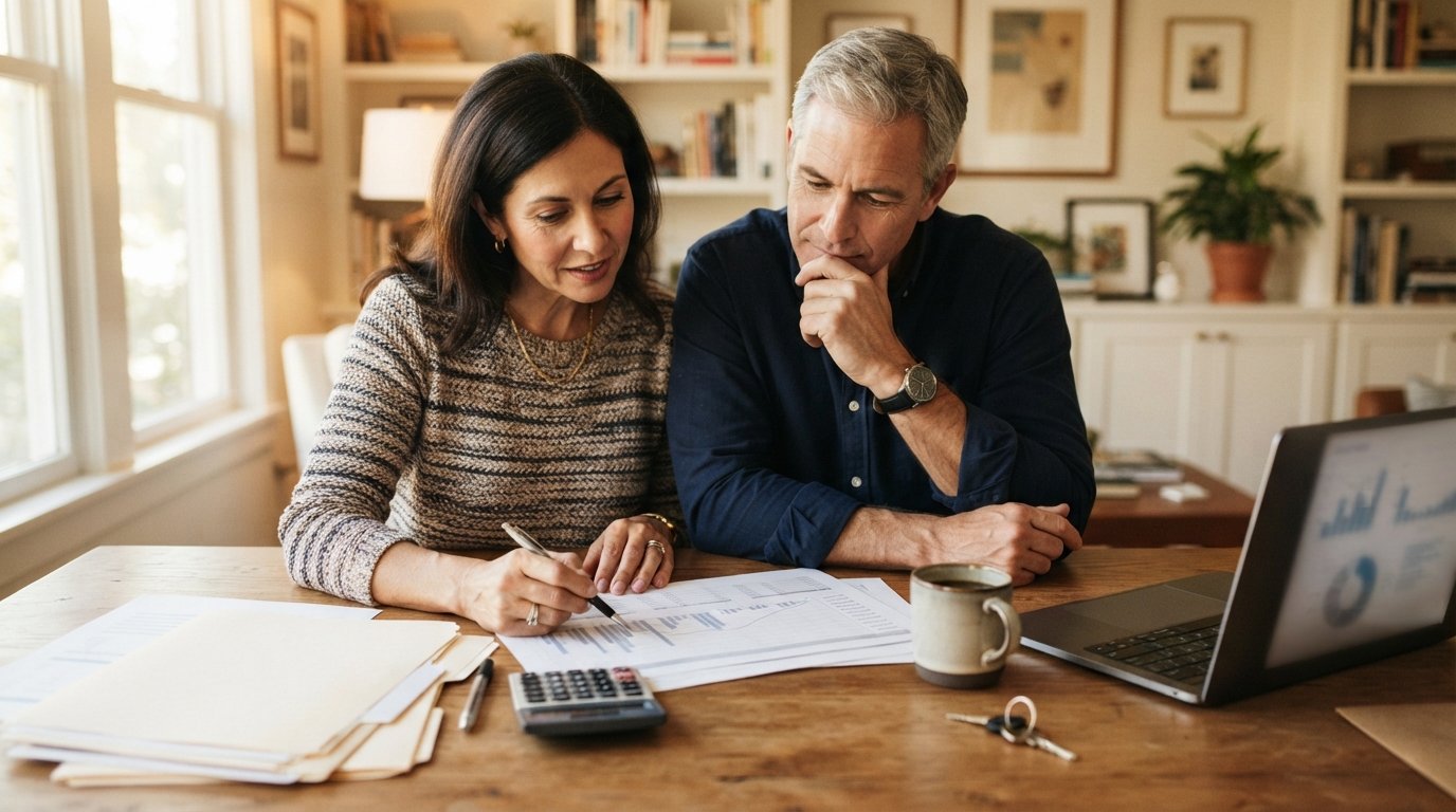 Couple seated at a wooden table reviewing a printed worksheet with a calculator, pen, laptop, and house key