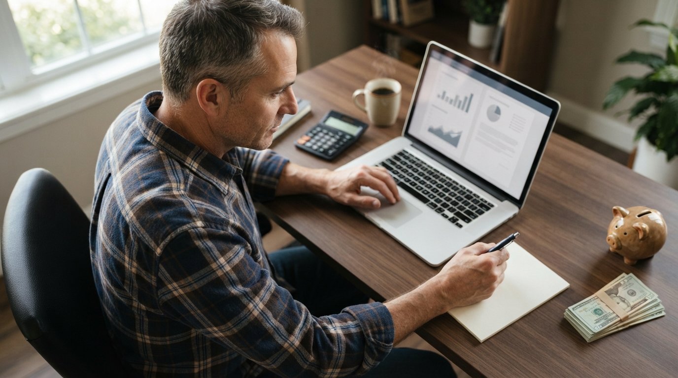 Middle-aged man in plaid shirt reviewing loan documents on a laptop at a desk with calculator, coffee, cash, and piggy bank