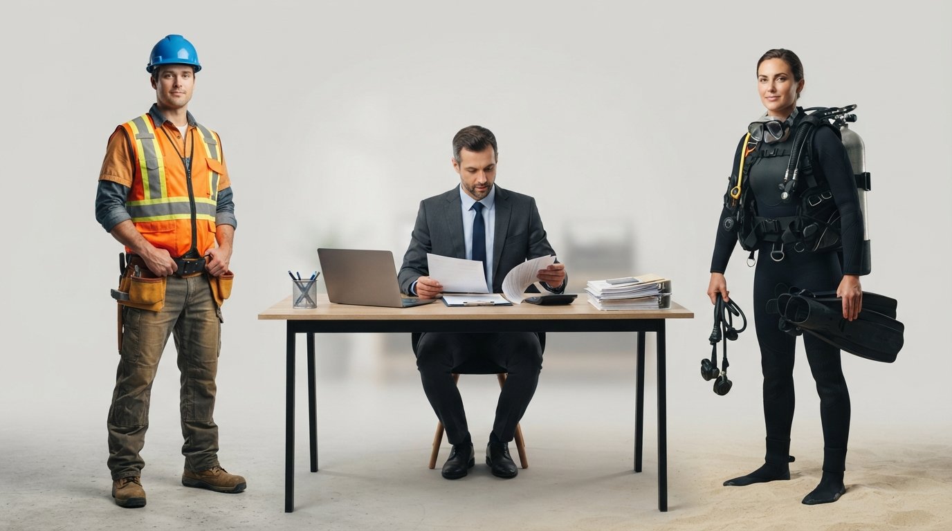 Construction worker in hard hat and safety vest, scuba diver in full gear, and insurance agent reviewing documents at a…