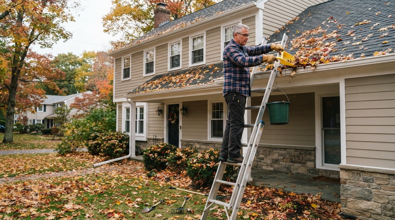 Person in flannel shirt and work gloves on an aluminum ladder scooping leaves from a white gutter of a two-story home, with…