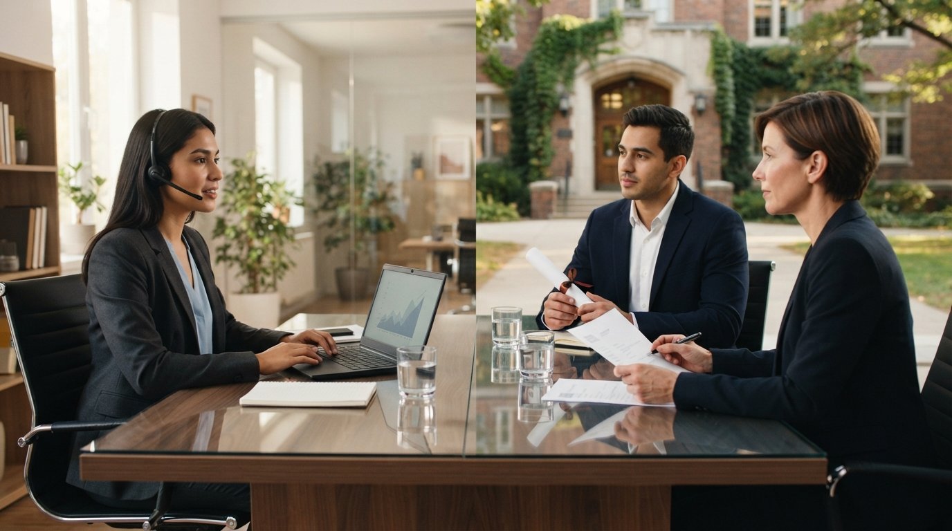 Two job candidates in a modern office, one at a home desk with a laptop and headset, the other holding a diploma beside a…