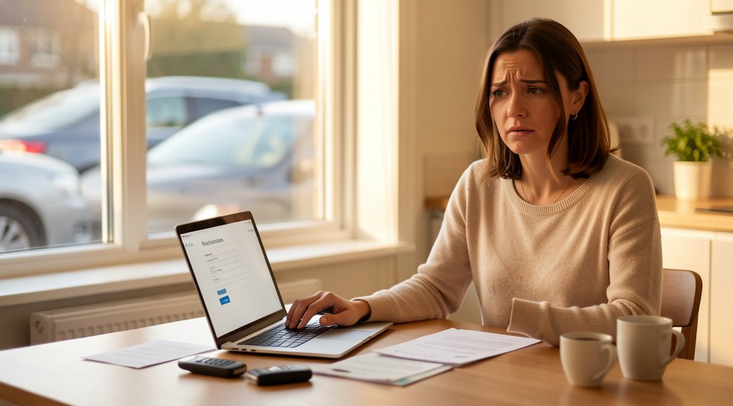 Woman in her early 30s at a kitchen table holding a smartphone while reviewing a loan application on a laptop, with bills…