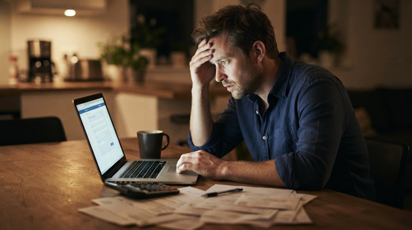 Stressed man in a casual button-down shirt reviews a loan request on a laptop at a kitchen table at night, surrounded by…