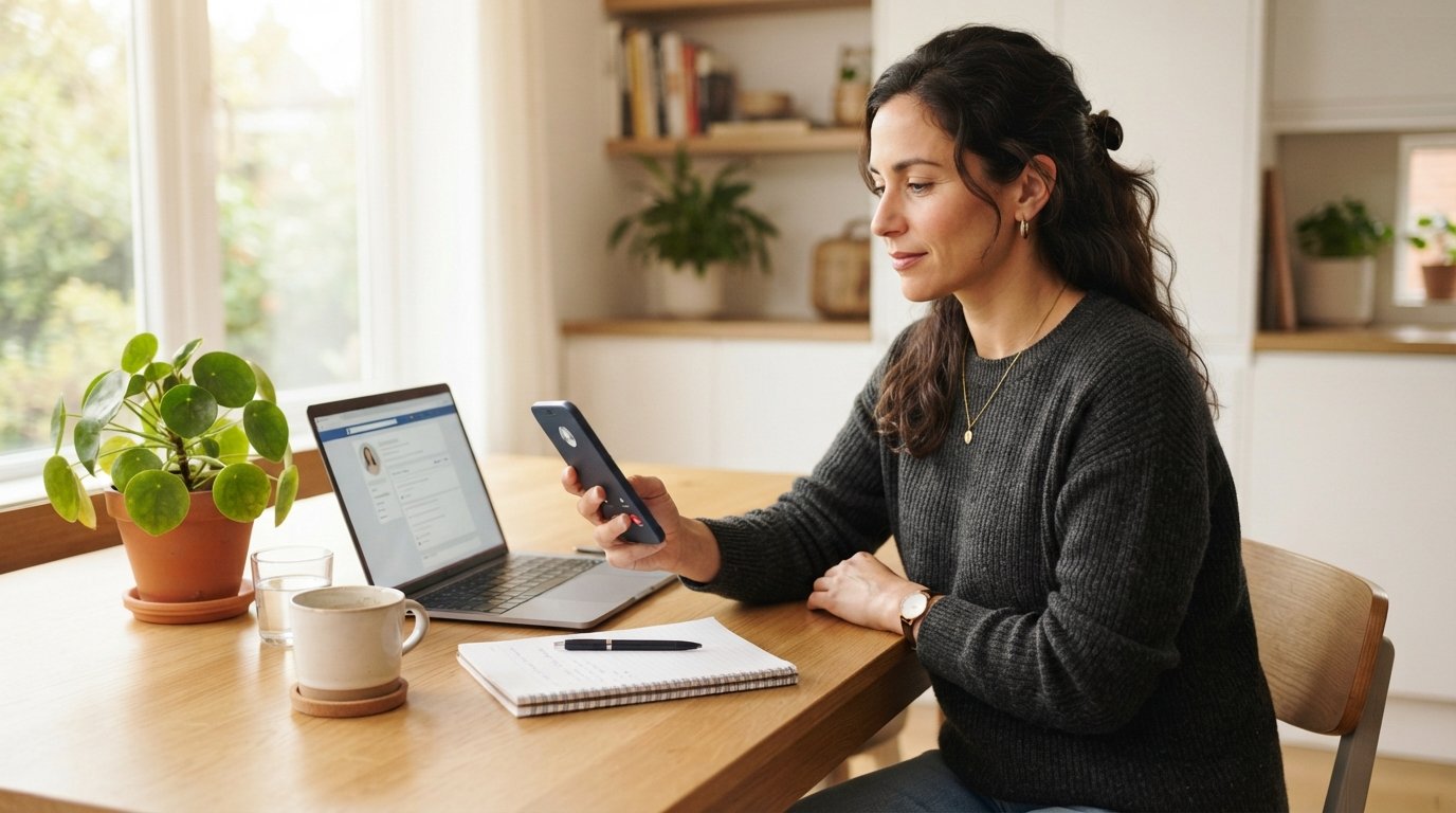 Adult at a kitchen table checking an incoming call on a smartphone beside a laptop and notepad in warm window light