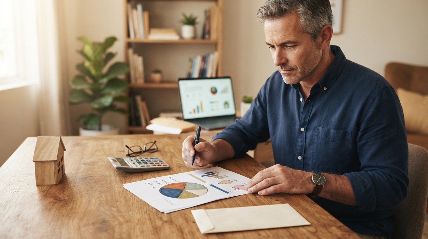 Homeowner at a wooden desk reviewing a paper budget pie chart split into principal, interest, property taxes, and…