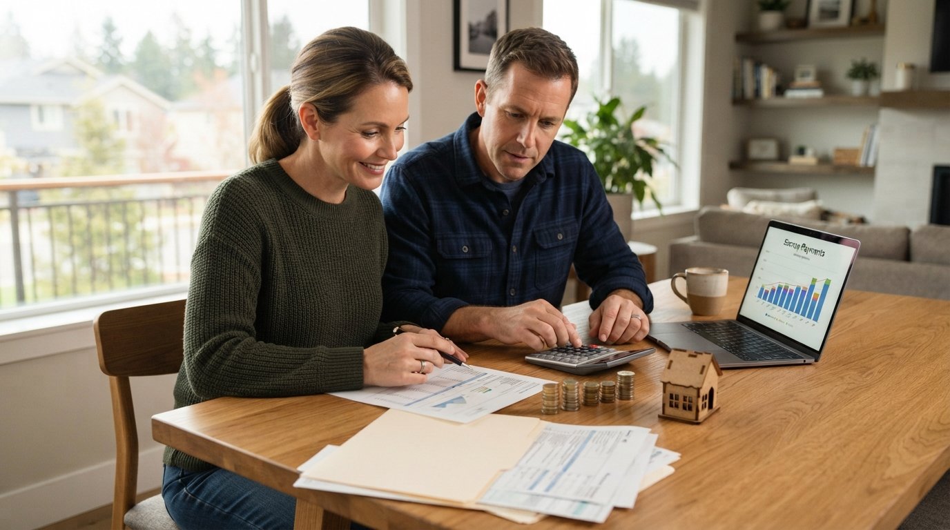 Couple at a wooden kitchen table reviewing a mortgage statement and calculator beside a model house, coins, and property…