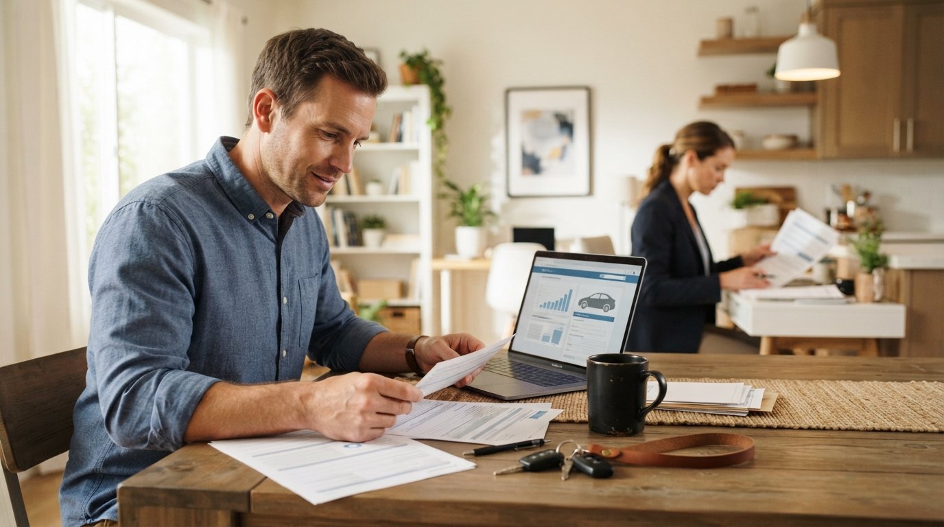 Man in button-down shirt reviews employment papers beside a laptop, car keys, and coffee mug at a kitchen table while a…