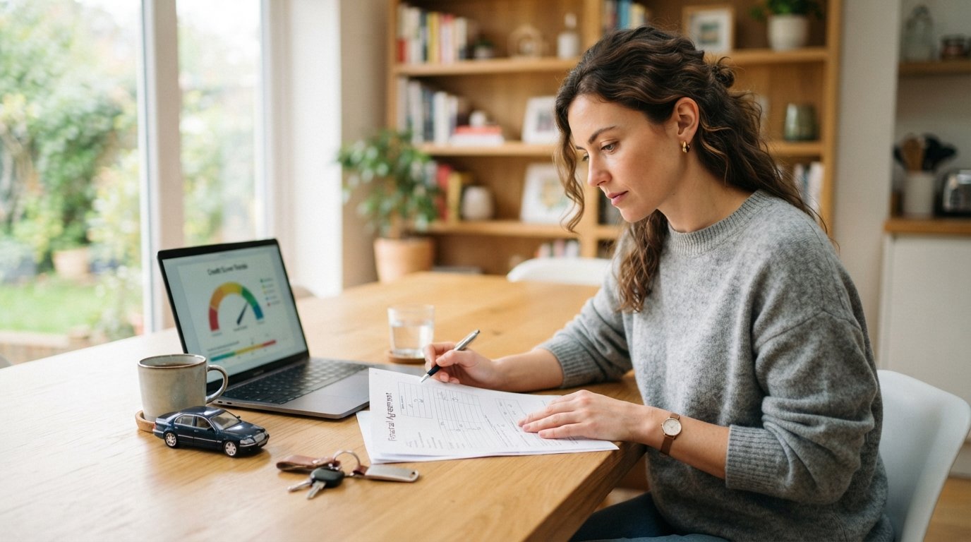 Woman at a kitchen table comparing car loan refinancing paperwork beside a laptop showing a credit score dashboard, with…
