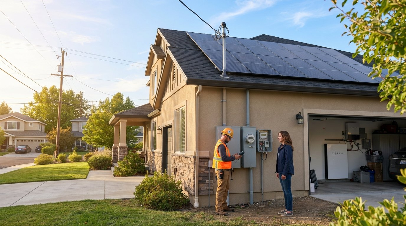 Rooftop solar panels on a suburban home with a utility technician inspecting a smart meter as a homeowner watches, battery…
