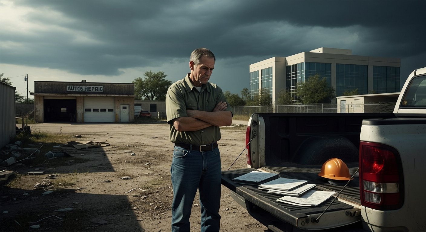 Texas business owner in hard hat and work clothes stands by a pickup truck reviewing paperwork, with a construction yard…