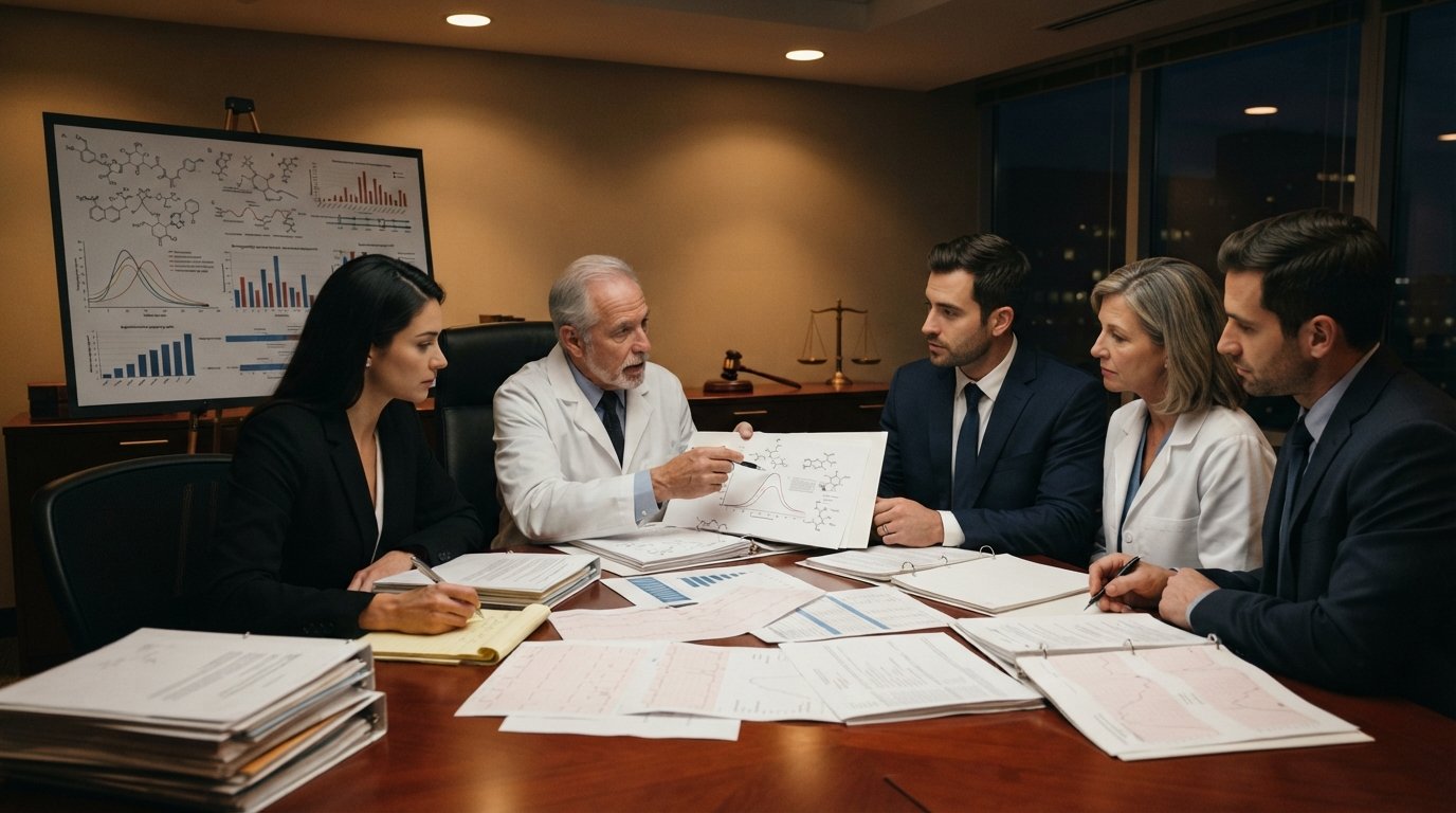 Three attorneys in dark suits and two experts in lab coats examine research binders, charts, and a presentation board…