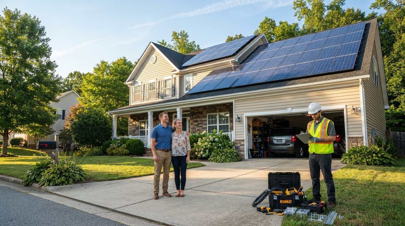 Suburban home with dark blue solar panels on the roof, a couple in the driveway looking up, and a technician with a…