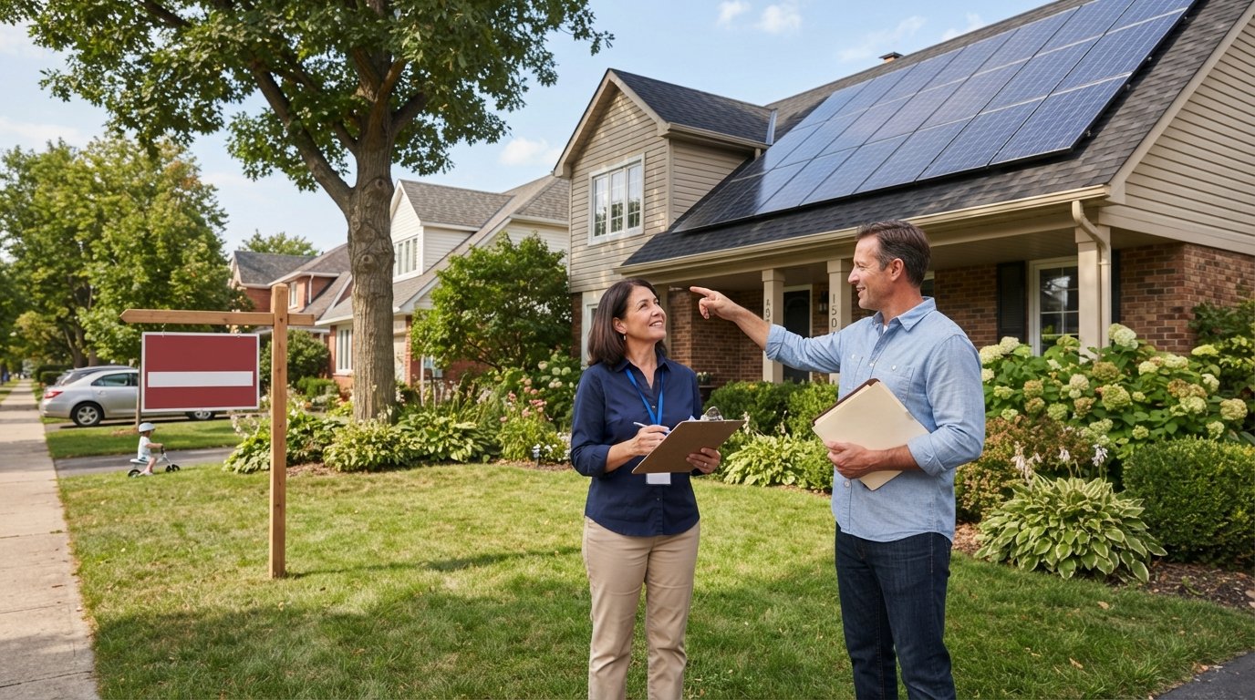 Appraiser with clipboard reviews rooftop solar panels while homeowner points to the array outside a two-story home