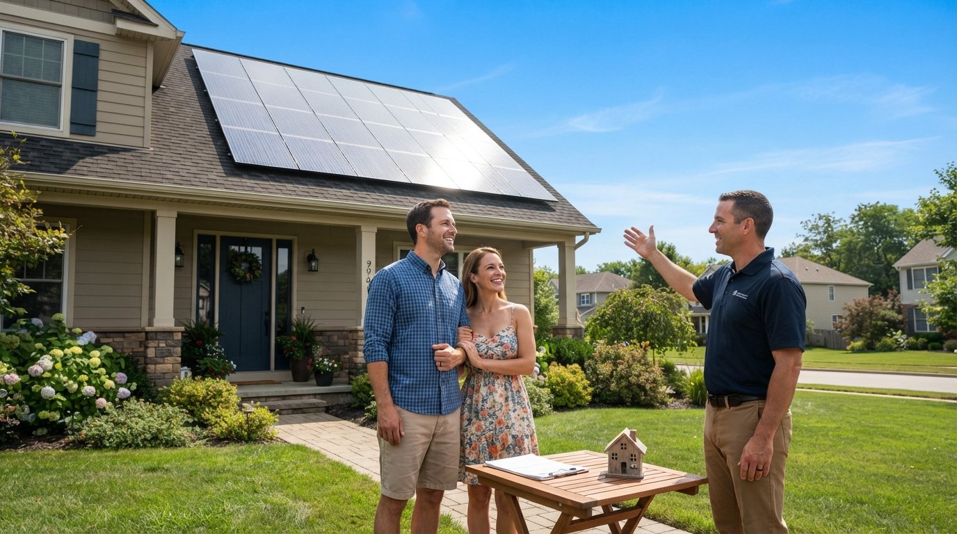 Couple in front yard looking at rooftop solar panels while contractor points to the array