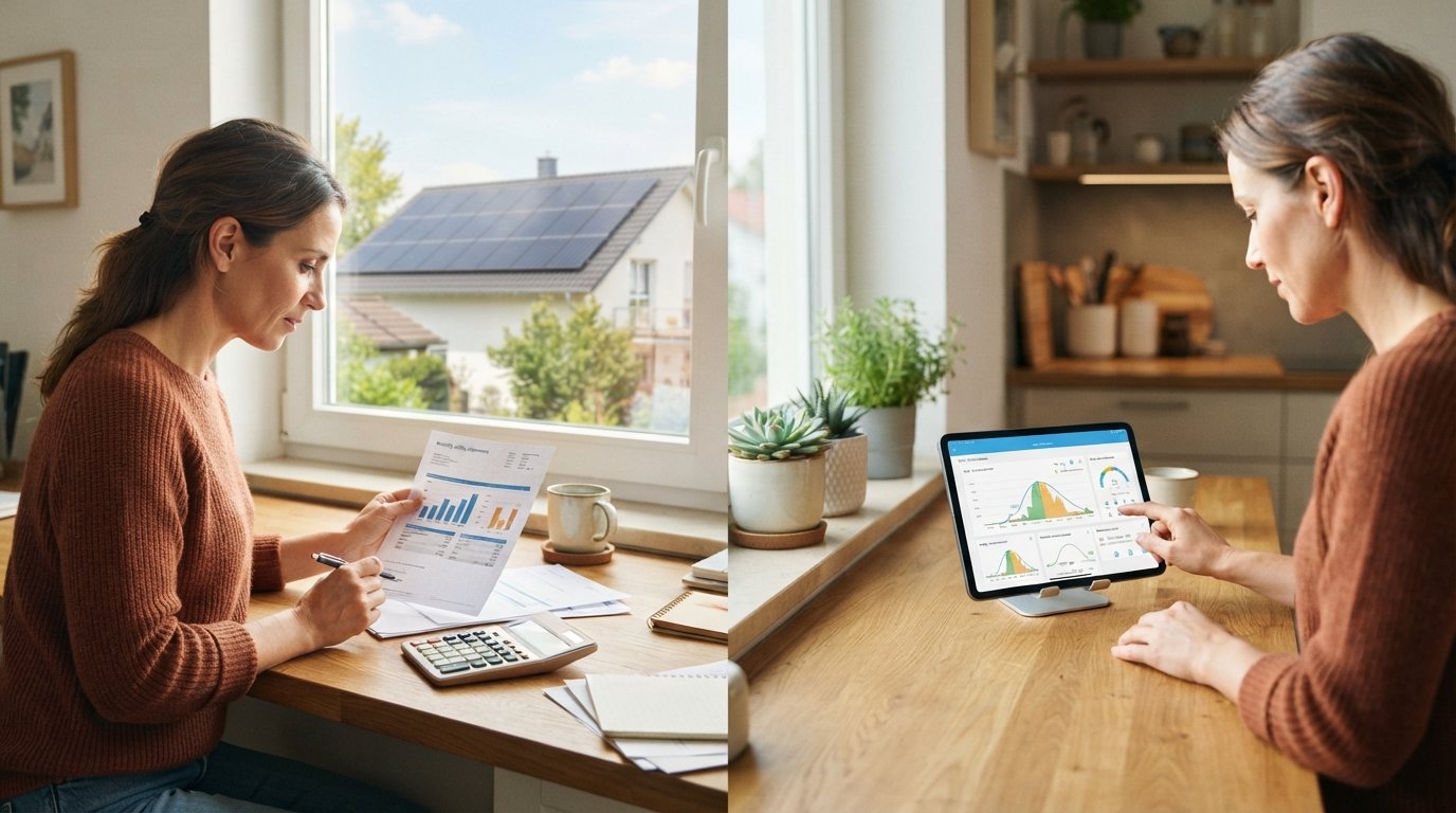 Homeowner at kitchen counter comparing a utility bill with a tablet showing solar production data, rooftop panels visible…