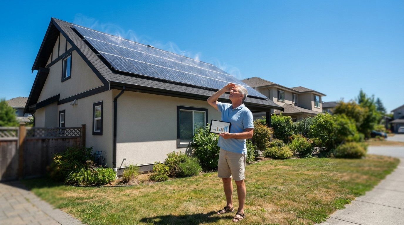 Homeowner in khaki shorts shields eyes while looking at rooftop solar panels under a bright midday sun, heat shimmer rising…