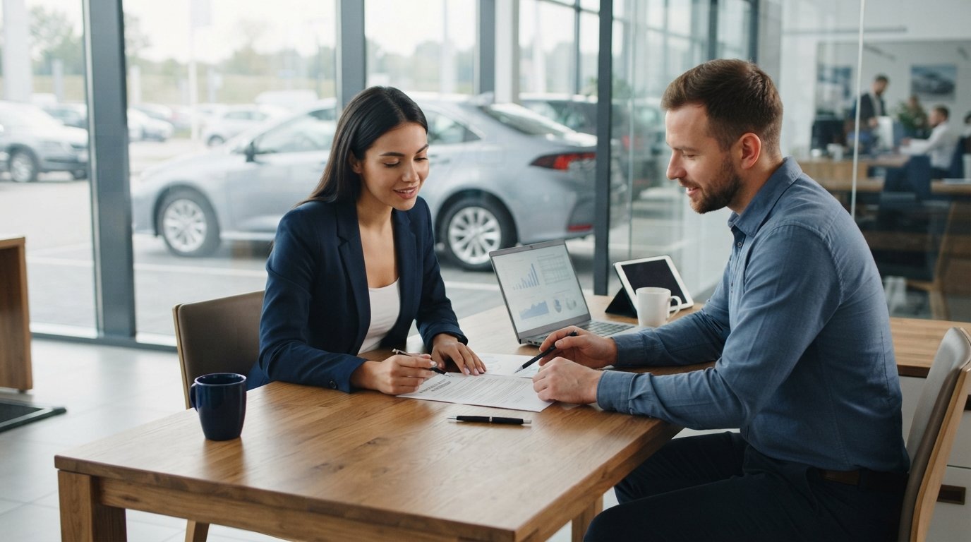 Woman in a blazer reviews a car loan refinancing document with a finance manager at a desk beside a laptop and coffee cups