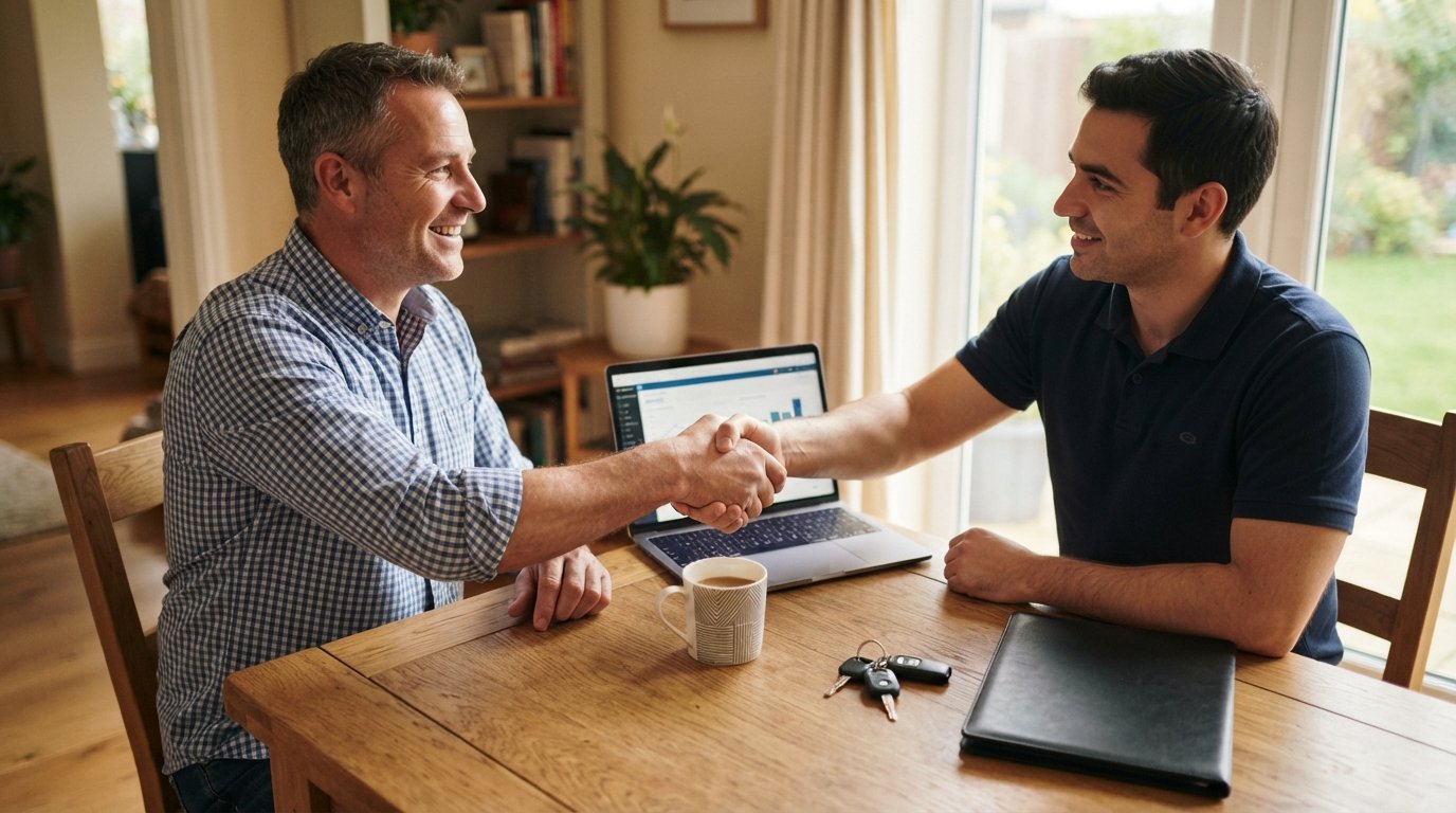 Man in casual shirt smiling at laptop while a dealership representative shakes his hand at a kitchen table with car keys…