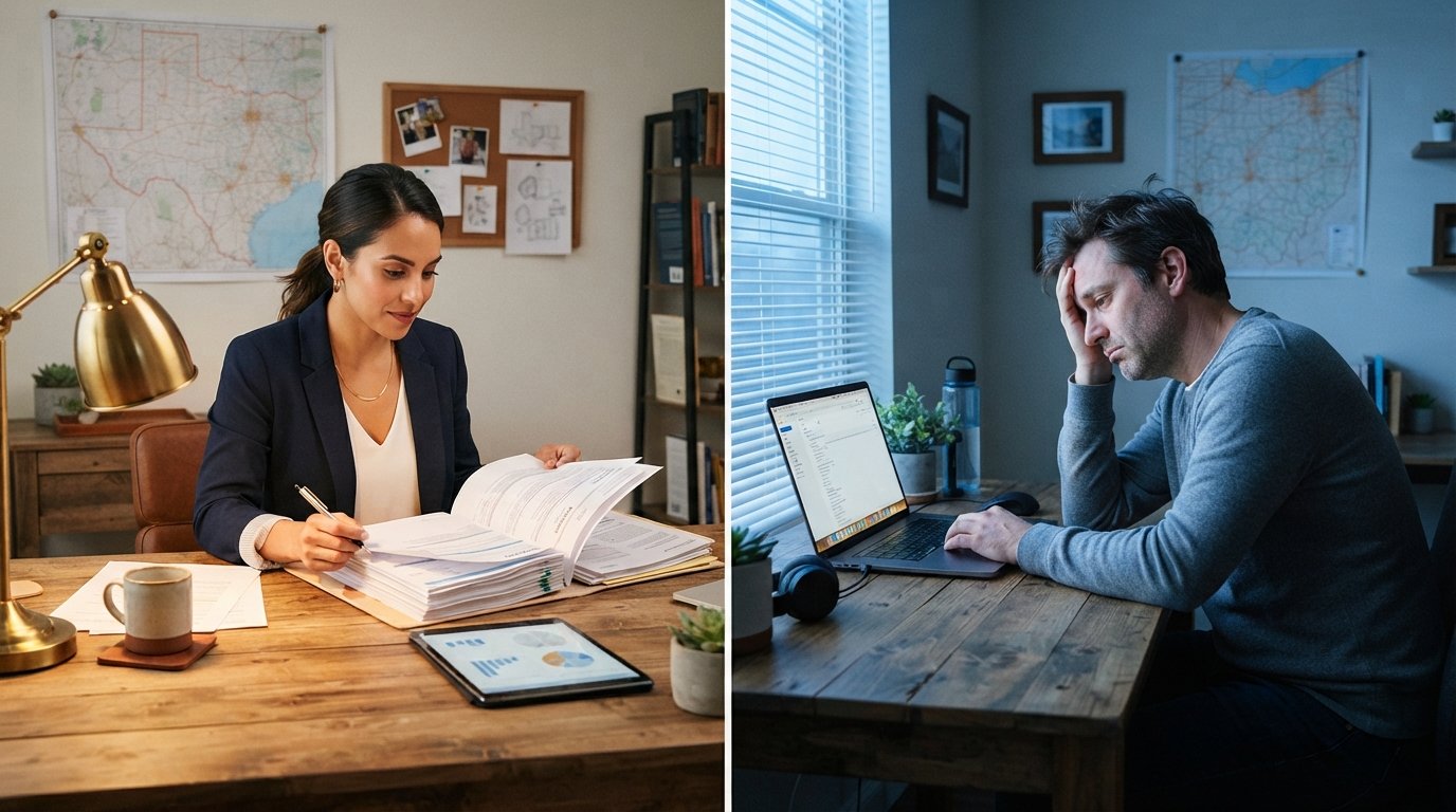 Split view of a woman in a navy blazer reviewing loan papers beside a Texas map, and a man in a gray sweater at an empty…