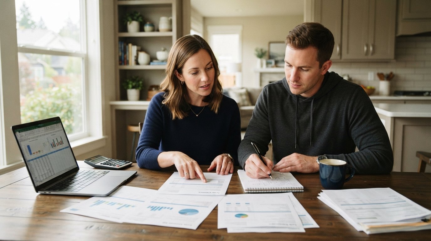 Couple at a kitchen table with a laptop, calculator, loan estimate, and student loan statements, reviewing mortgage documents