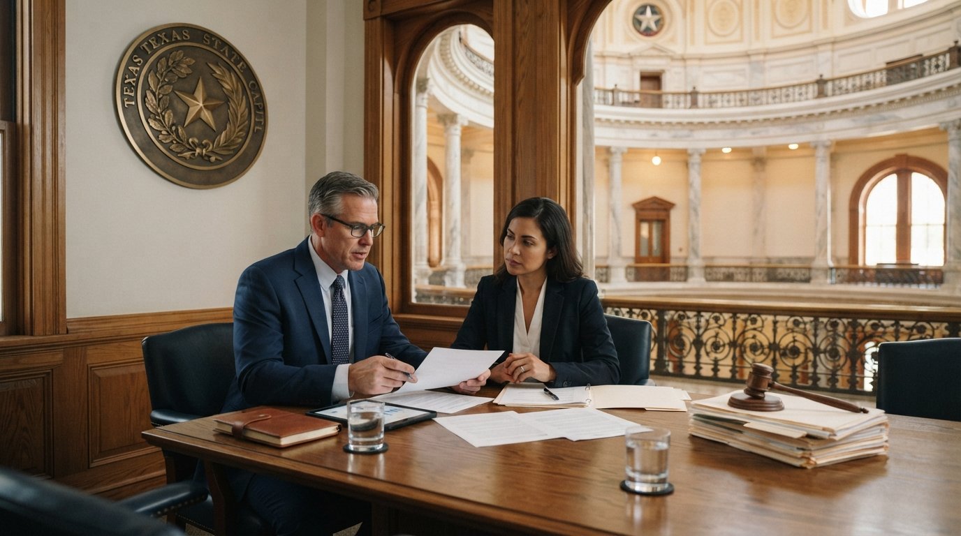 Male insurance agent and female adjuster review license documents at a conference table in the Texas State Capitol